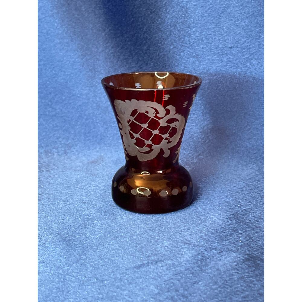 Vintage Bohemian Etched Red Glass Toothpick Holder